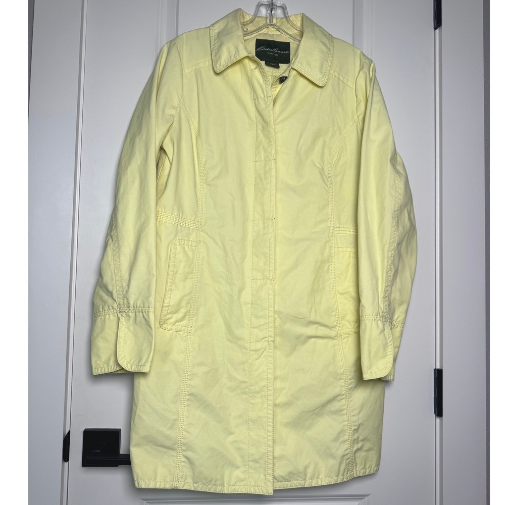 Eddie Bauer Womens Pale Yellow Cotton Nylon Trench Rain Coat Jacket Size S 7824